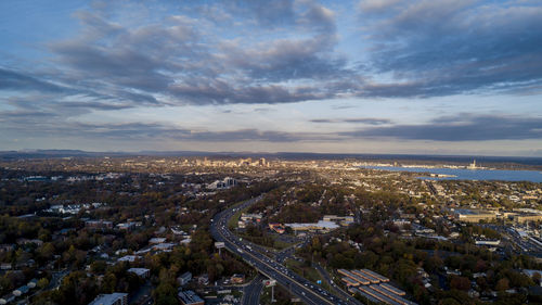 High angle view of cityscape against sky