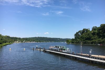 Scenic view of river against blue sky