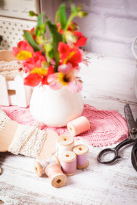 High angle view of flower bouquet on table