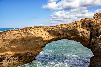 Scenic view of sea and rock formation against sky