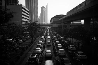 View of city street and modern buildings