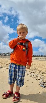 Rear view of boy on beach against sky