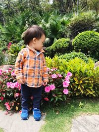 Boy standing by pink flowers blooming in park