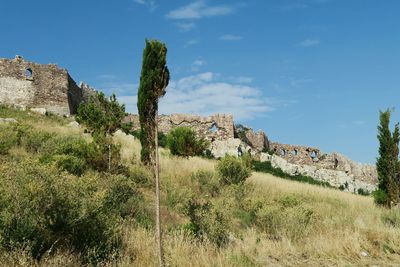 Surrounding wall of mytilene castle against sky