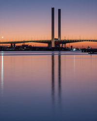 Scenic view of river by illuminated buildings against sky during sunset