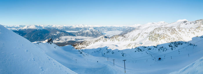 Scenic view of snowcapped mountains against clear blue sky