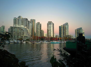 Modern buildings in city against clear sky