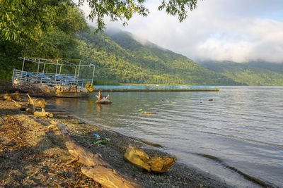 Scenic view of lake and mountains against sky