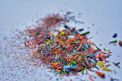 High angle view of color pencils shavings