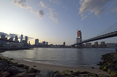 Bridge over river and buildings against sky