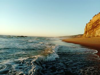 Scenic view of sea against clear blue sky