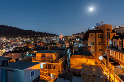 High angle view of illuminated cityscape against sky at night