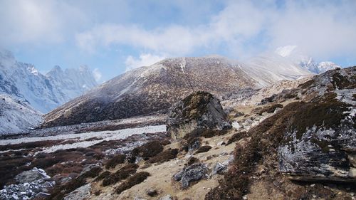 Scenic view of snowcapped mountains against sky