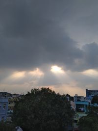 High angle view of trees and buildings against sky