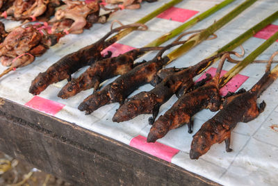 High angle view of meat for sale at market stall