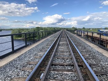 View of railroad tracks against cloudy sky