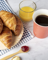 High angle view of breakfast served on table