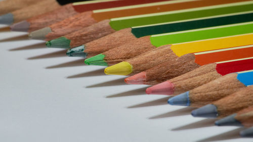 High angle view of colored pencils on table