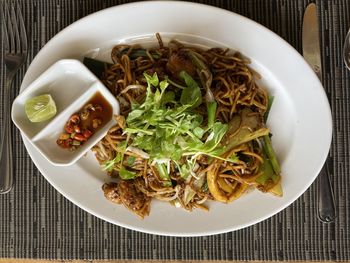 High angle view of food in plate on table