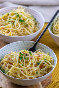 High angle view of noodles in bowl on table