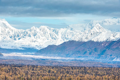 Scenic view of snowcapped mountains against sky