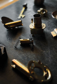 High angle view of objects on table