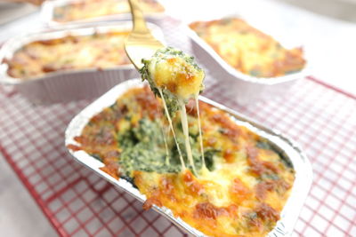 Close-up of pizza served in plate