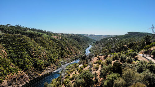 Scenic view of mountains against clear blue sky