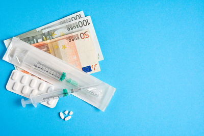 High angle view of text on blue background