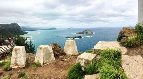 Scenic view of sea against cloudy sky