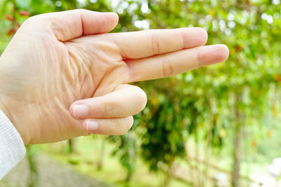 Close-up of hand gesturing gun against trees