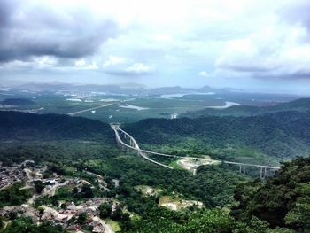 High angle view of landscape against cloudy sky