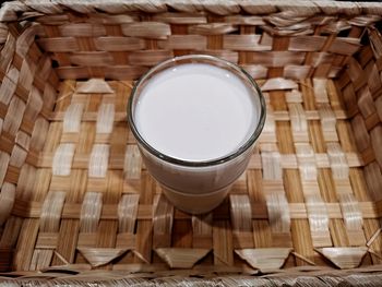 High angle view of wicker basket on table