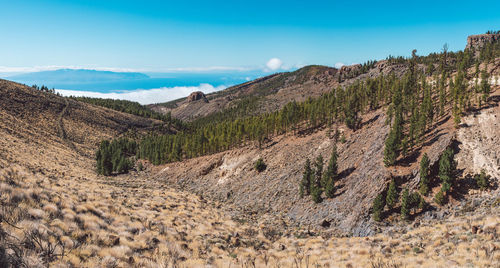 Scenic view of mountains against blue sky