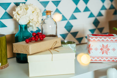 Close-up of christmas decorations on table