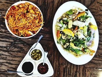 High angle view of food served on table