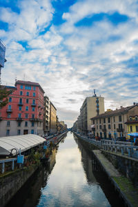 Canal amidst buildings in city against sky