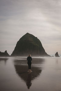 Rear view of woman standing in sea against sky