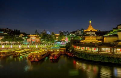 Reflection of illuminated buildings in water at night