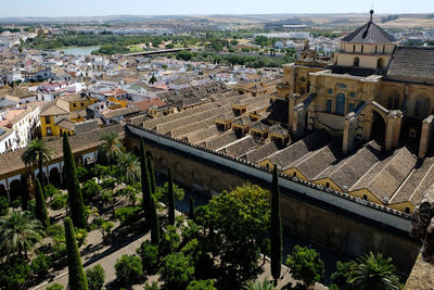 High angle view of old buildings in city