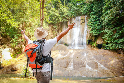 Rear view of person with arms raised in forest