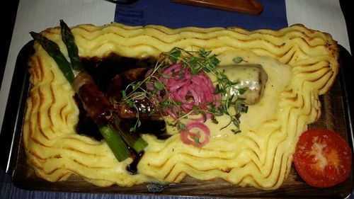 Close-up of dessert served on table