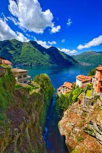 Scenic view of lake by buildings against sky