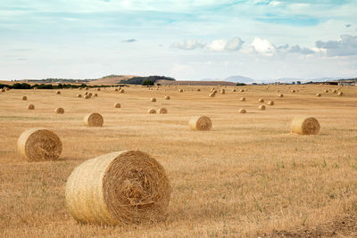 Hay bales on field against sky