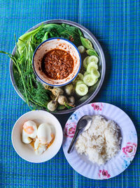 High angle view of breakfast served on table