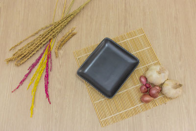 High angle view of various flower on table