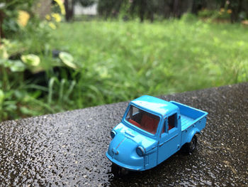 High angle view of toy car on field