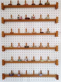 Full frame shot of wooden shelf on wall