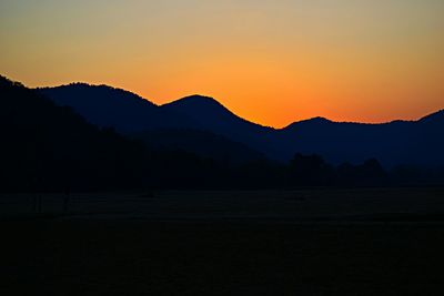 Scenic view of silhouette mountains against sky at sunset