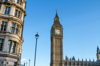 Low angle view of buildings in city against clear sky